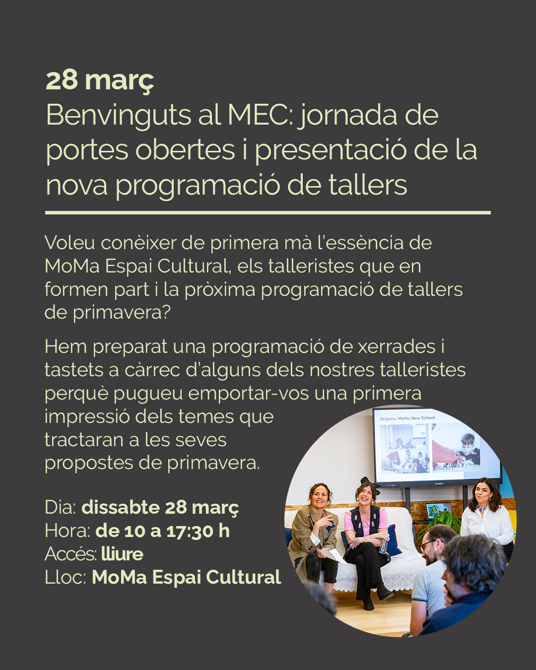 Benvinguts al MEC: jornada de portes obertes i presentació de la nova programació de tallers culturals de primavera